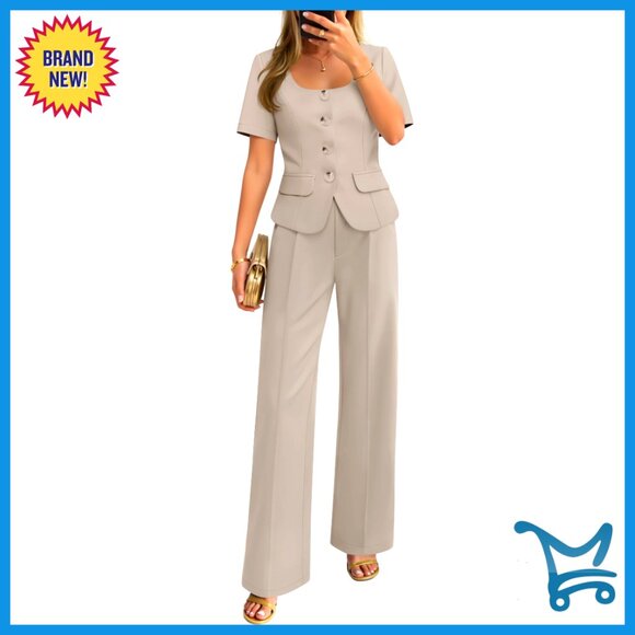 Women's Summer Two Piece Suit Set Short Sleeve Blazer Wide Leg Pants